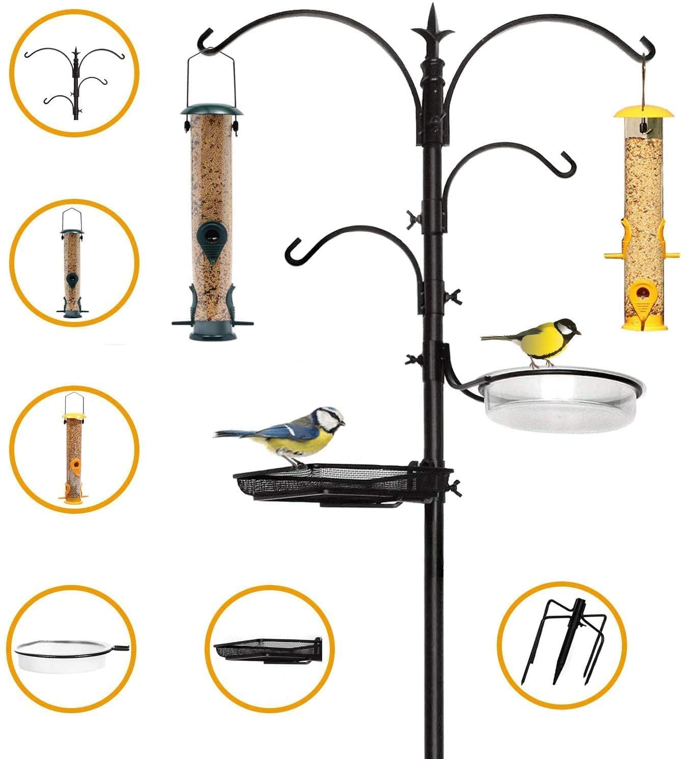 Premium Bird Feeding Station for Outside -22 inch Wide x 92 inch， Tall Multi Feeder Pole Stand Hanger， Black Color， with 4 Bird Feed Hanger and 5 Prong Base for Attracting Wild Birds，Hummingbirds