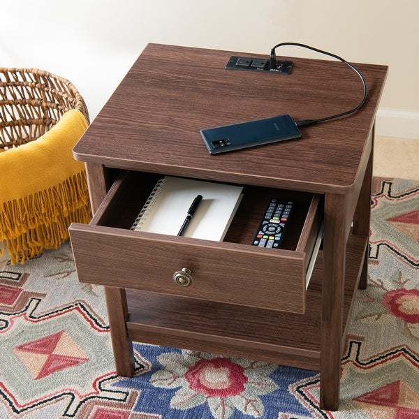 Traditional Rectangular End Table with AC Power and USB Charging Ports， White