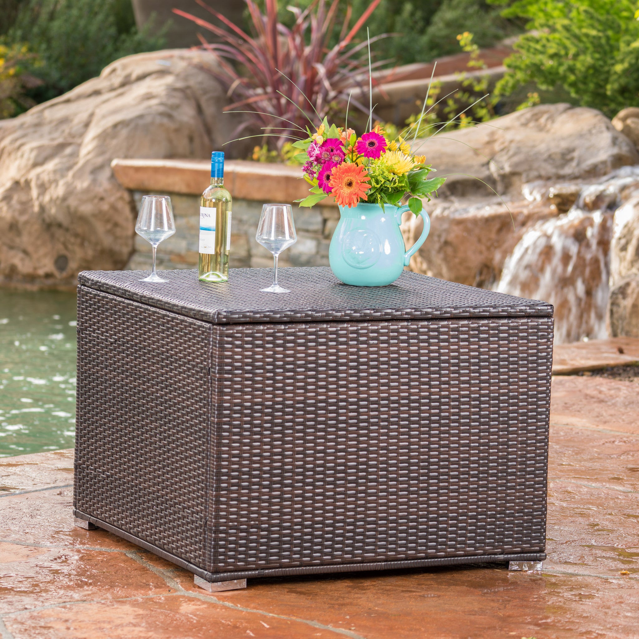 San Louis Obispo Outdoor Square Multi-Brown Wicker Storage Box w/ Zipped Lining