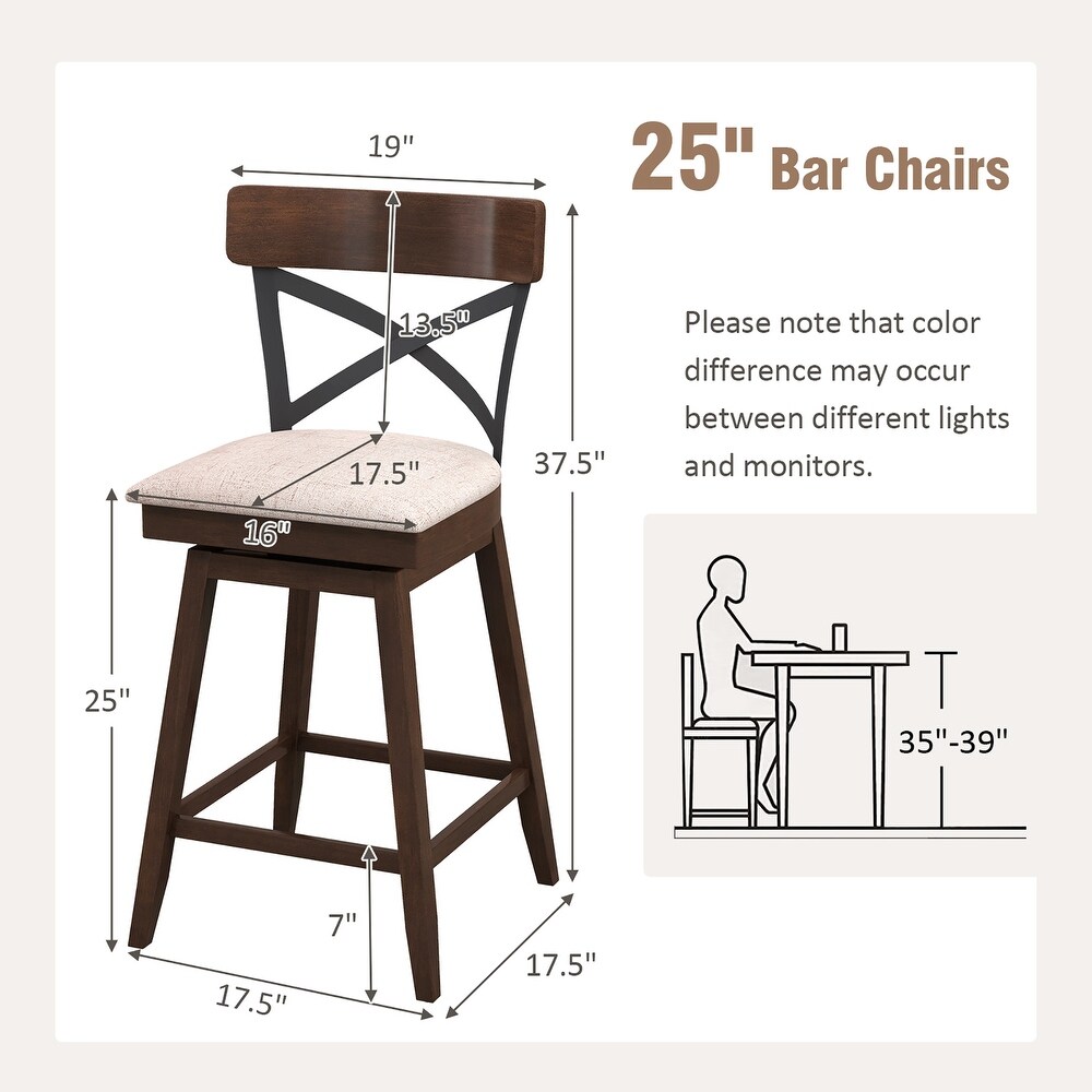 Costway Set of 2 Wooden Swivel Bar Stools Upholstered Counter Height