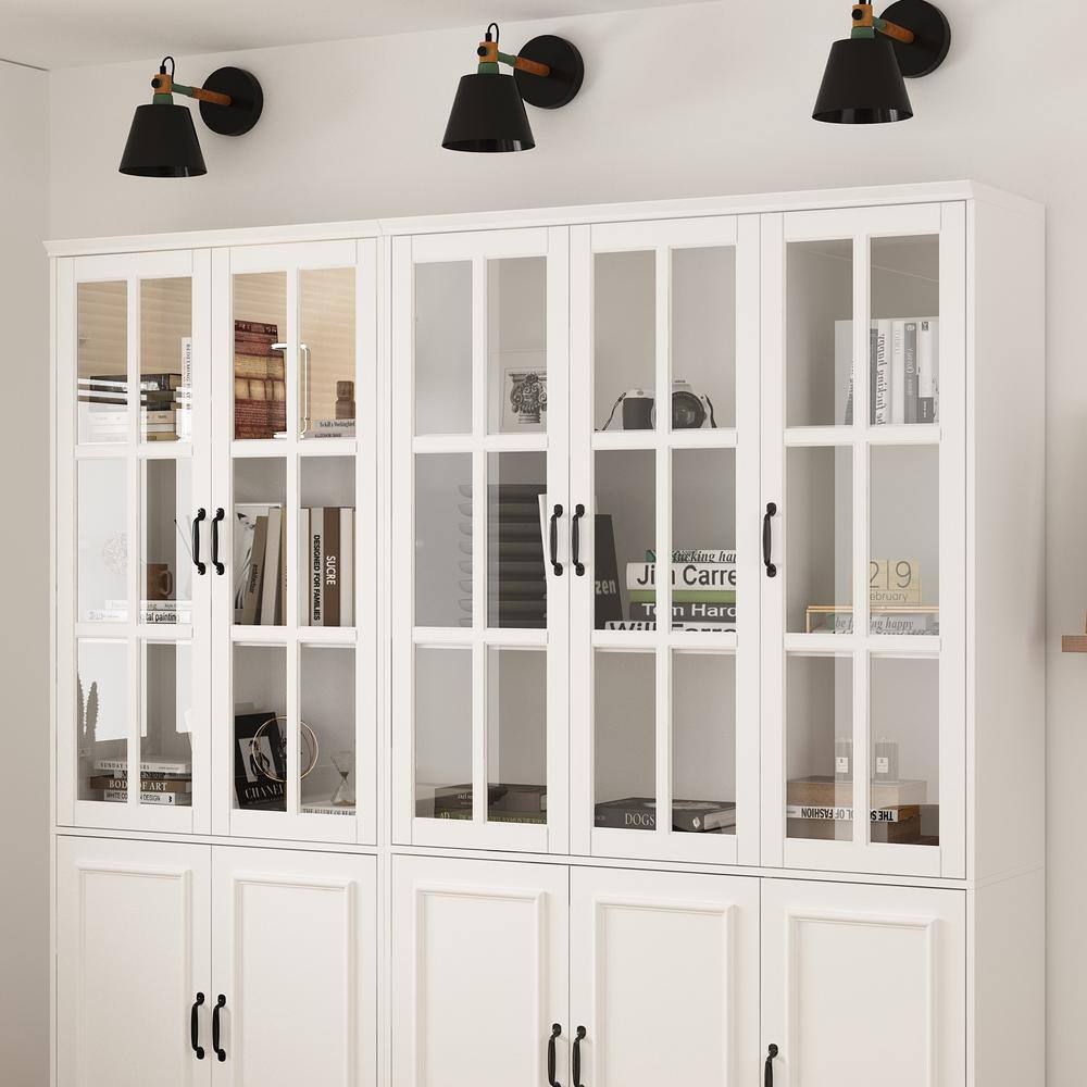 FUFUGAGA 78.7 in. Wide White Wooden MDF 15-Tier Shelves Accent Bookcase with 5 Tempered Glass Door  5 Wooden Doors LBB-KF020319-01+320-01+02