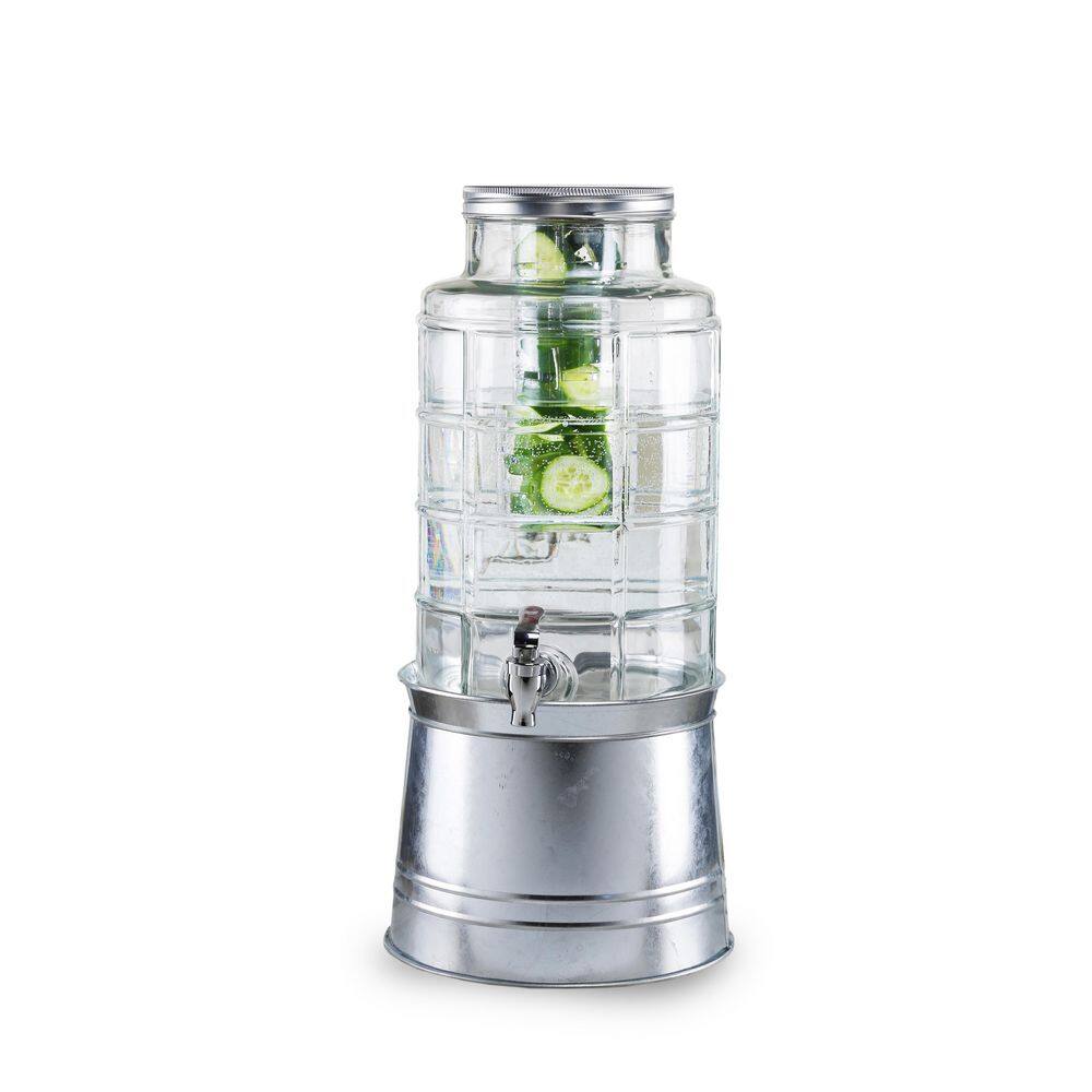 Style Setter Patchwork 2.4 Gal. Clear Cold Beverage Glass Dispenser with Ice Insert Fruit Infuser Galvanized Base Leak Proof Spigot 410414-RB