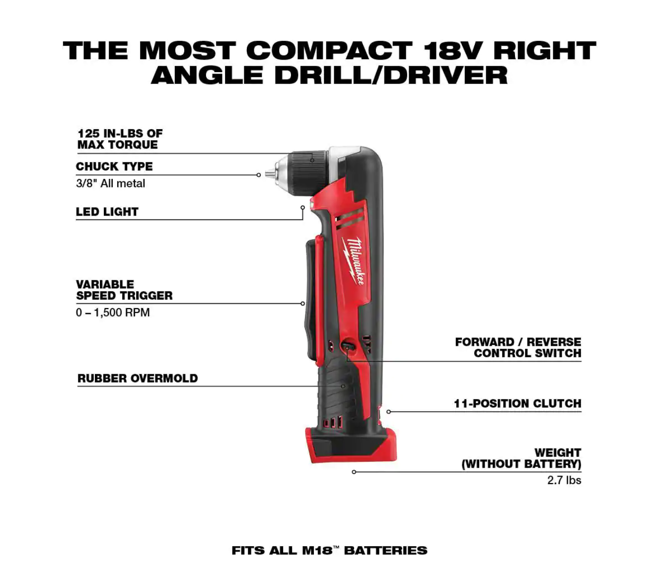 Milwaukee 2615-20 M18 18-Volt Lithium-Ion Cordless 3/8 in. Right-Angle Drill (Tool-Only)