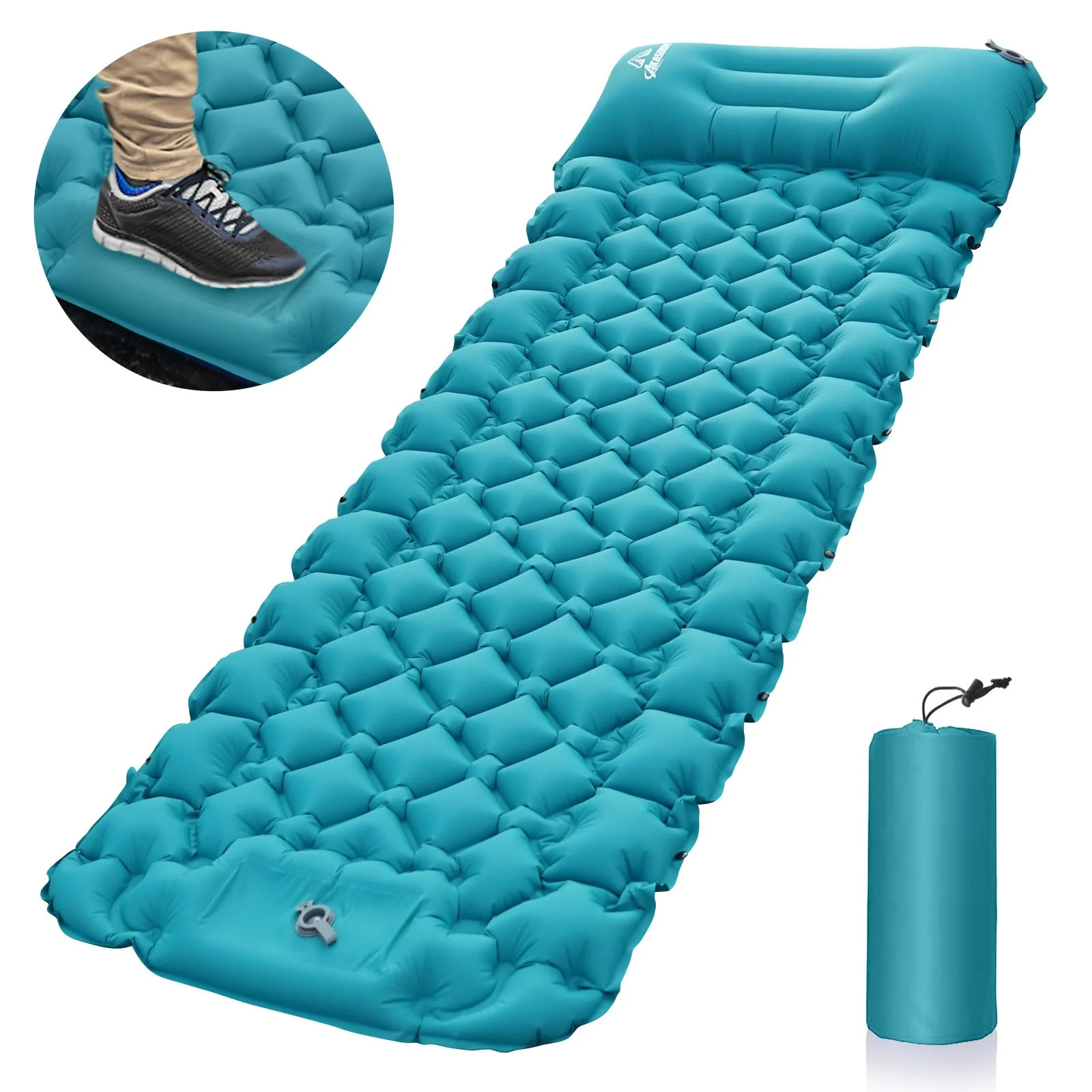 2022 New Ultralight Foot Press Inflatable Backpacking Air Mattress with Pillow Hiking Sleeping Bag Camping Sleeping Pad Outdoor