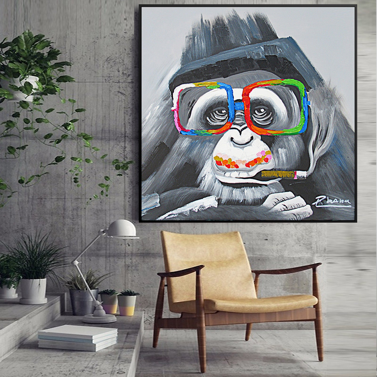 Smoking Monkey Hand Painted Art Painting With Frame 105X105 Cm Soap0017X-Soap064