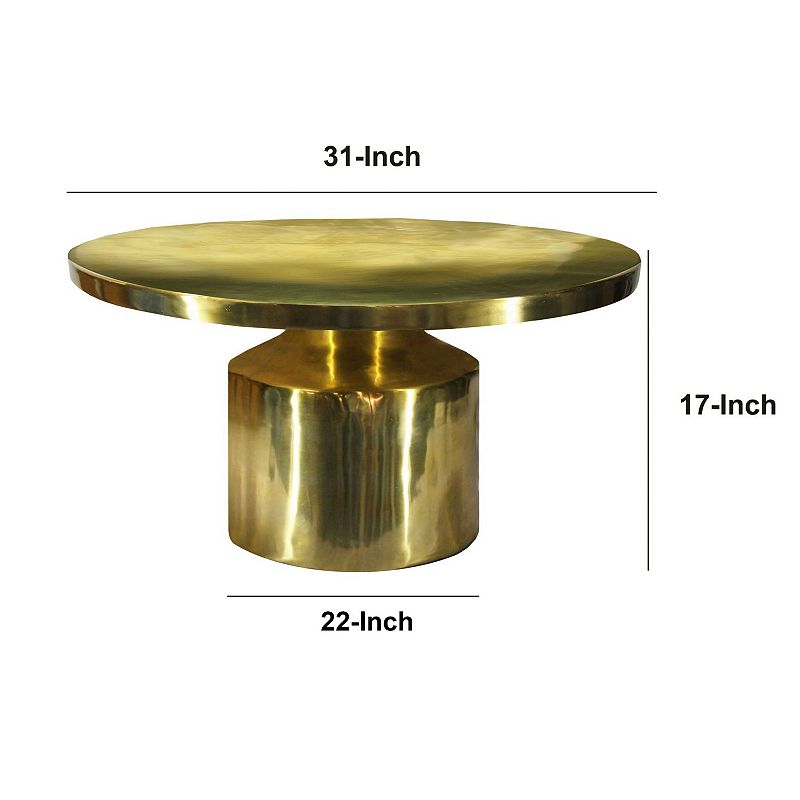 Zoe 30 Inch Modern Classic Round Metal Coffee Table with Pedestal Base， Glossy Gold Brass