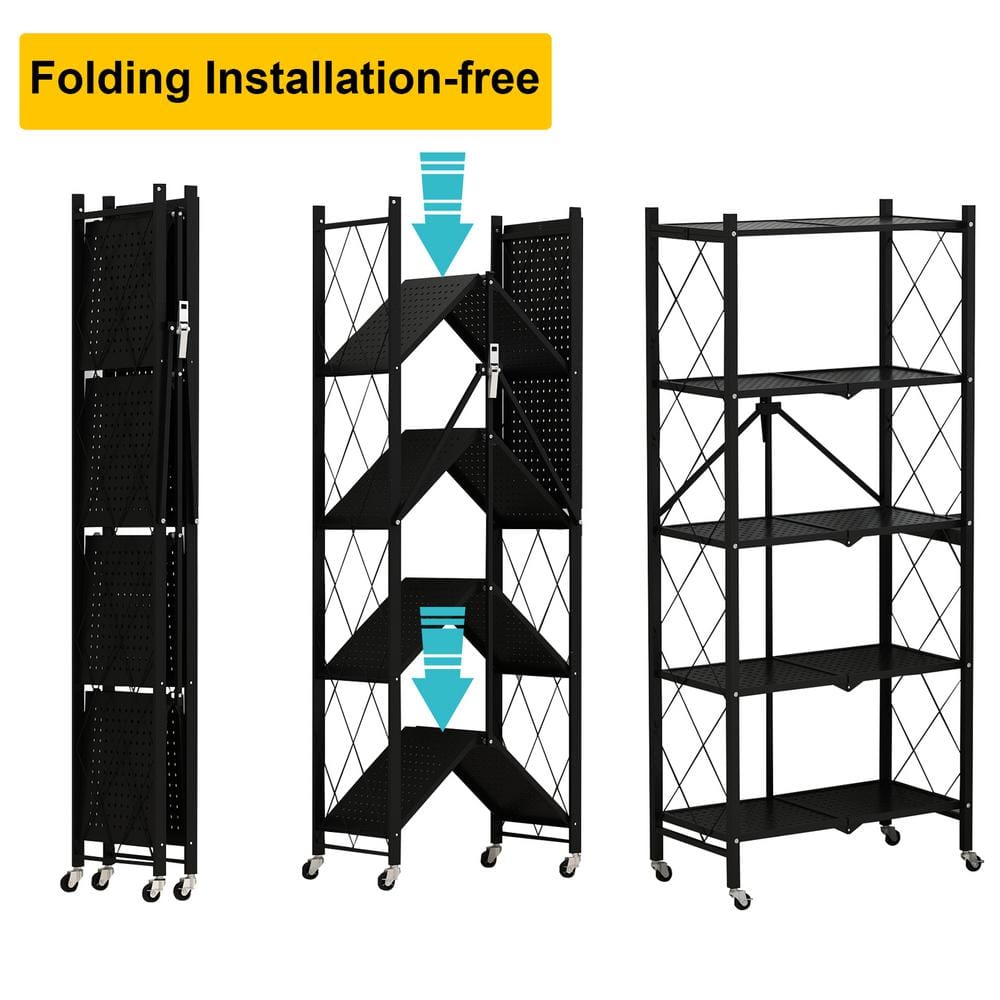 FUFUGAGA 64.3 in. H Black Metal 10-Shelf Freestanding Standard Bookcase Foldable Metal Shelf Shelving Unit With Wheels KF210019-02-xin