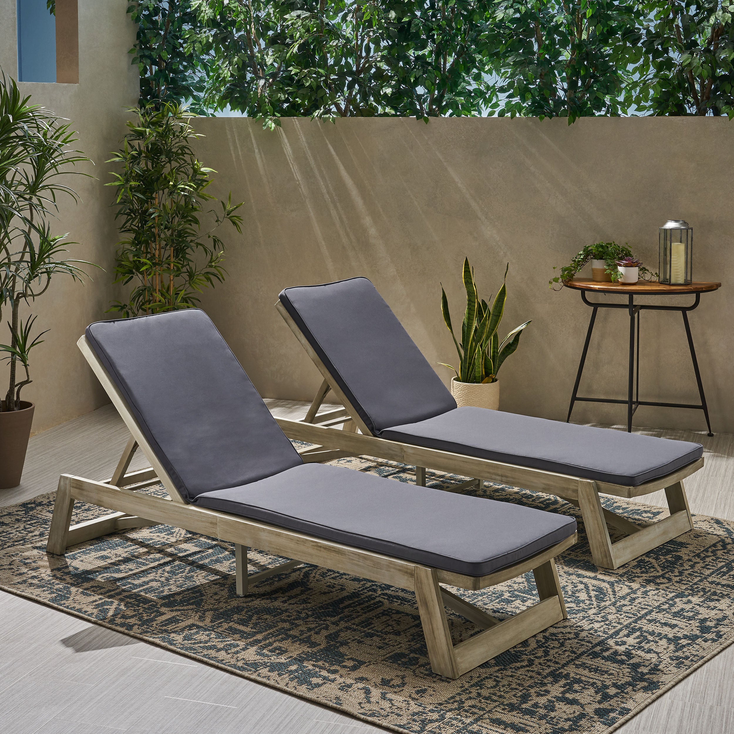 Tina Outdoor Acacia Wood Chaise Lounge and Cushion Sets (Set of 2)