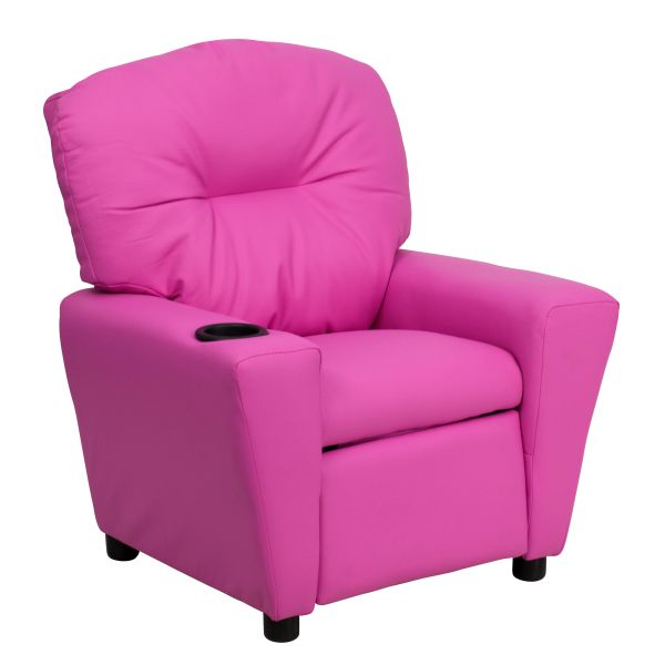 Chandler Contemporary Hot Pink Vinyl Kids Recliner with Cup Holder