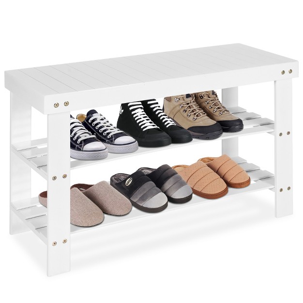 Costway Bamboo Shoe Rack Bench 3 tier Storage Shelf Holder Home Entryway Hallway White