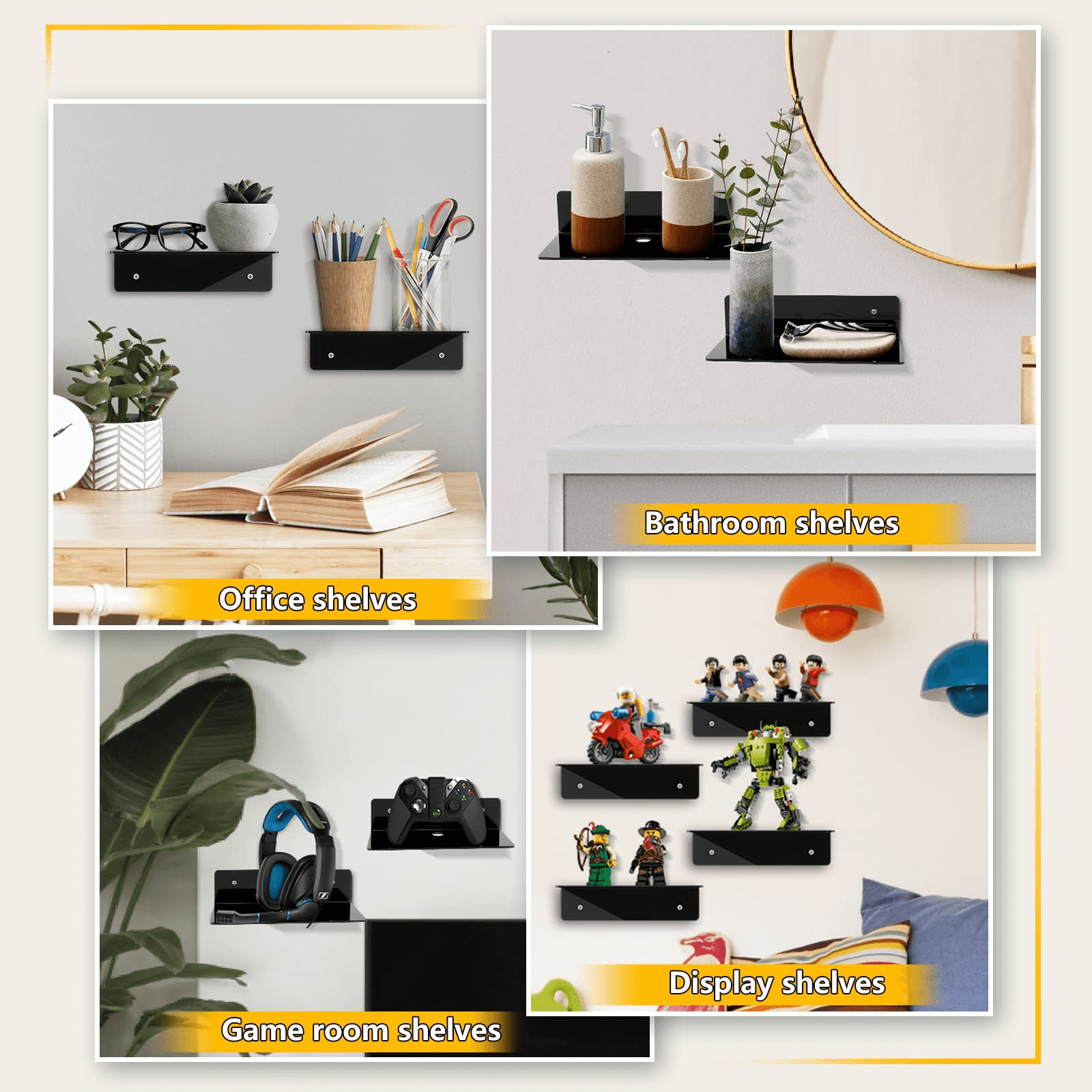 Number-one 4 PCS Acrylic Floating Shelves Adhesive and Wall Mounted Shelves for Smart Speaker Wall Decor Display Shelves Unit for Living Room,Bathroom,Bedroom,Kitchen,Office,Black