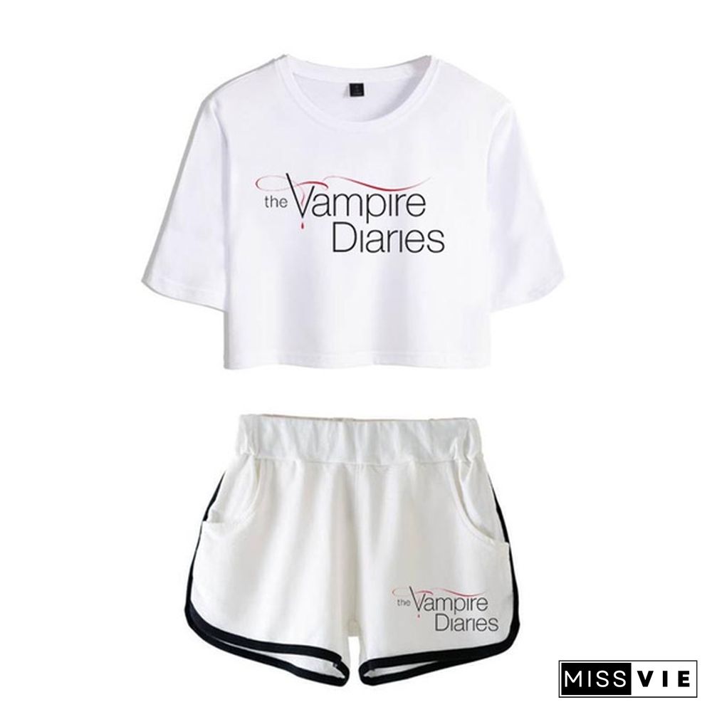 Summer Funny the Vampire Diaries Two Piece Set Summer Harajuku Cotton Print Crop Top T Shirt and Shorts