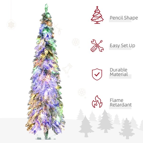 HOMCOM 6ft Tall Prelit Pencil Artificial Christmas Tree Holiday Décor with 407 Snow Flocked Branches Downswept Shape