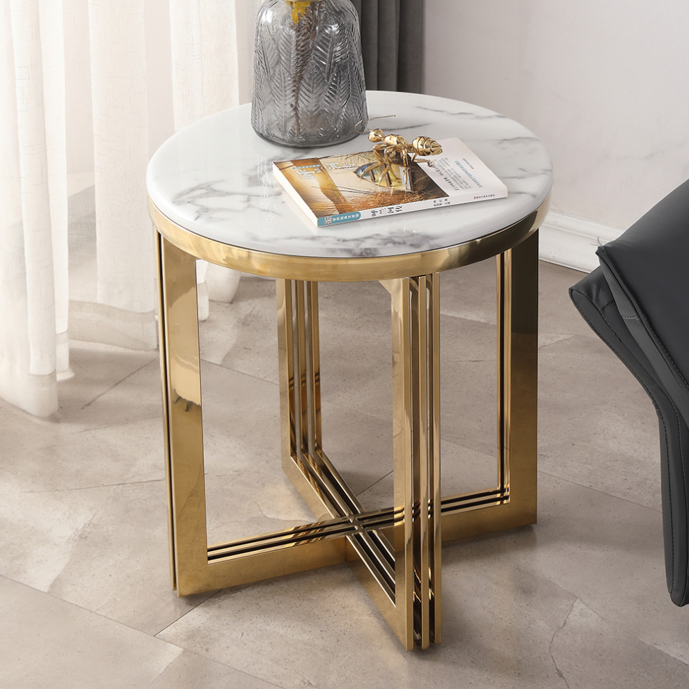 Modern Round Marble top End Table Side Table in White  ampGold   Contemporary   Side Tables And End Tables   by Homary International Limited  Houzz