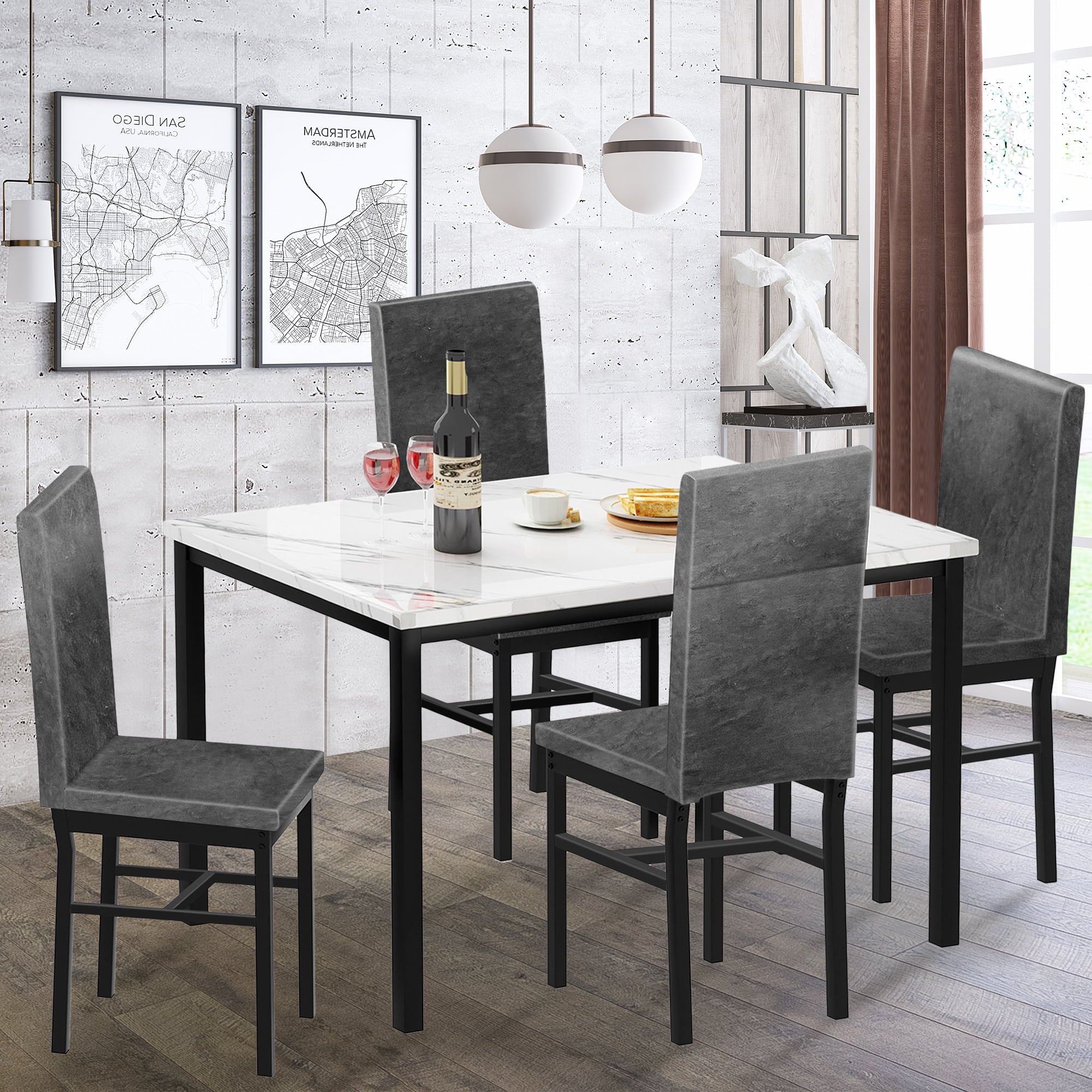 paproos Dining Table Set for 4, Modern 5-Piece Kitchen Table Set with Marble Top and Faux Leather Upholstery Chairs, Heavy Duty Dinette Sets for Breakfast Nook, Dining Room Table and Chairs, Gray