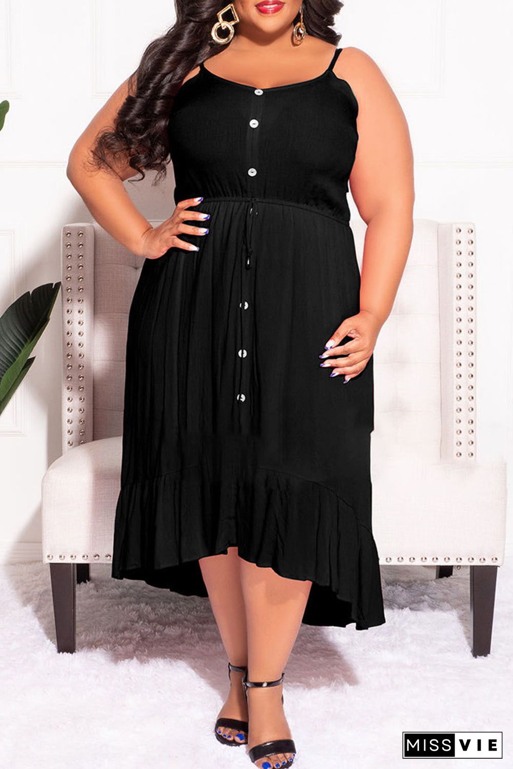 Black Plus Size Spaghetti Straps Buttoned Ruffle Midi Dress