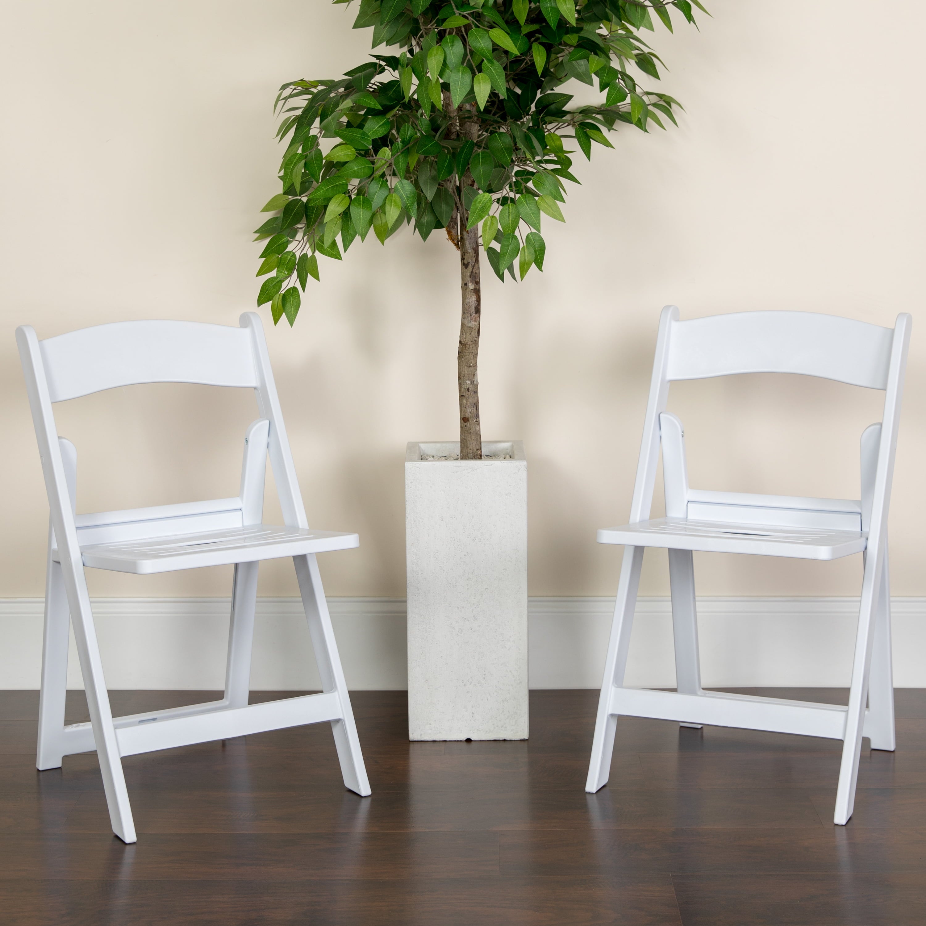 Emma + Oliver 2 Pack White Resin Slatted Party & Rental Folding Chair Indoor Outdoor