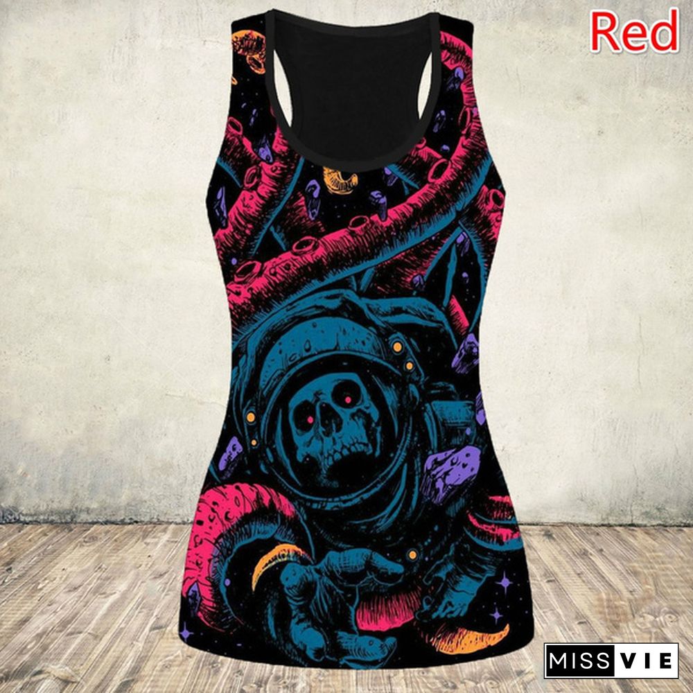 Women's Fashion 3D Skull Print Hollow Out Tank Top Summer Sleeveless Graphic Punk Shirt Slim Fit Cotton Gothic Tee Tops Plus Size Vest XS-8XL