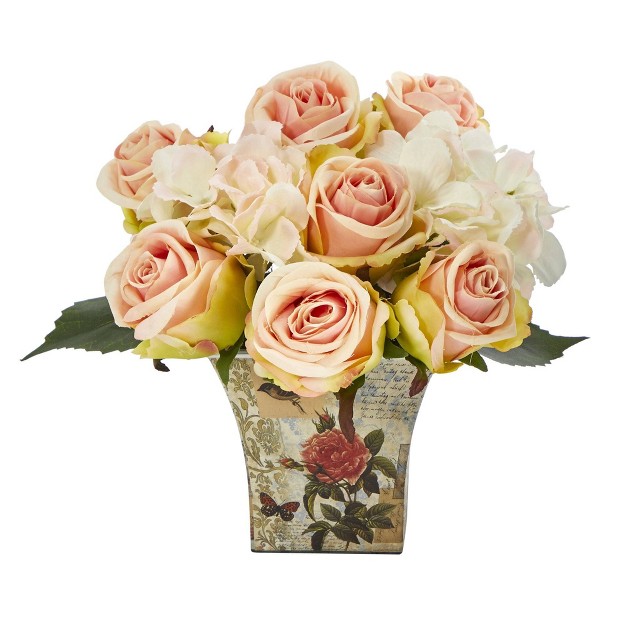 Nearly Natural 8 in Rose And Hydrangea Bouquet Artificial Arrangement In Floral Vase