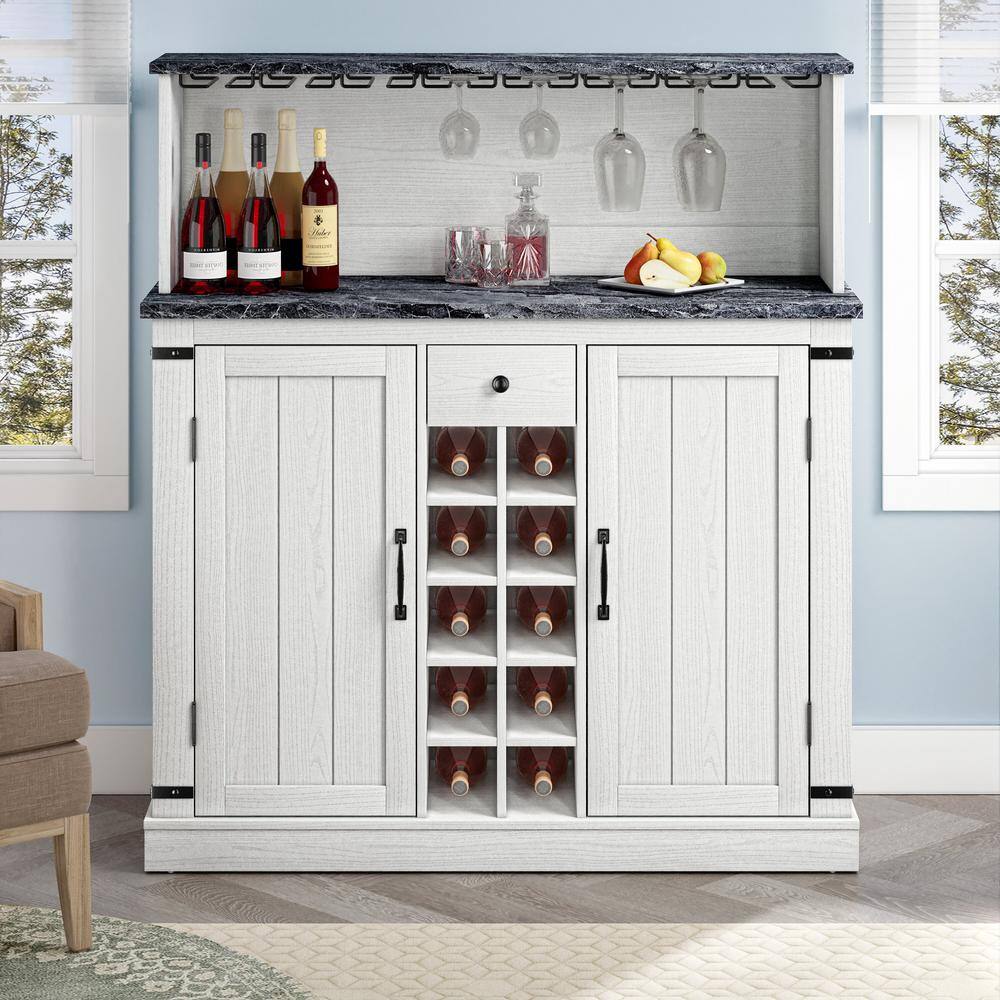 FESTIVO 47 in. Cut-Off White Wood Buffet Bar Cabinet with Wine Rack with Granite Pattern Countertop FWC21178