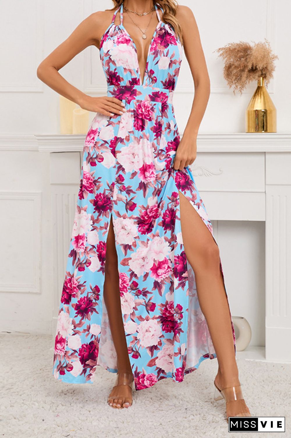 V Neck Halter Backless High Split Floral Maxi Dress