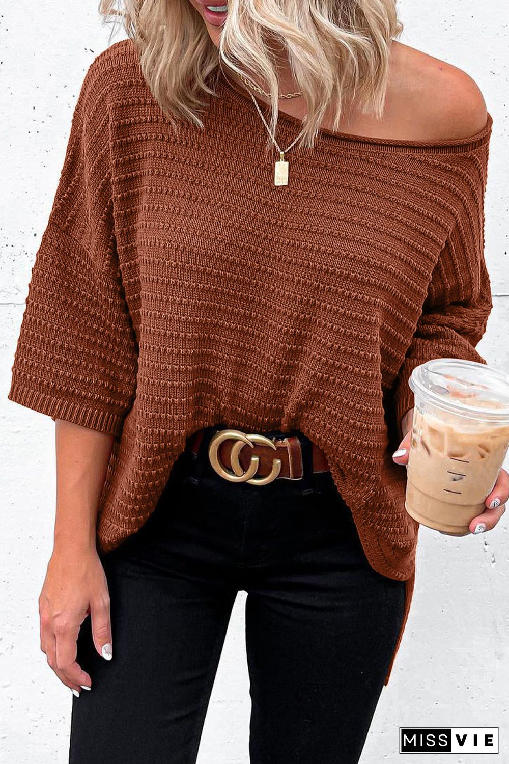 Brown Dotty Textured Knit Drop Shoulder Tee