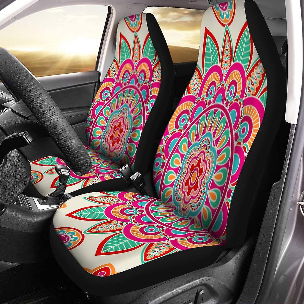 Set Of 2 Car Seat Covers Pattern Boho Hippie Medallion Flower Mandala Bohemian 70s Universal Auto Front Seats Protector Fits