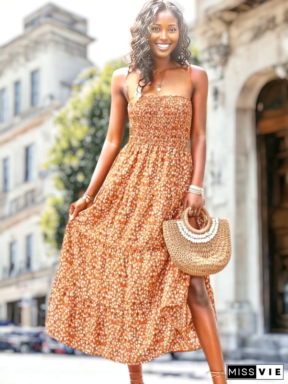 Strapless Floral Print Tiered Dress