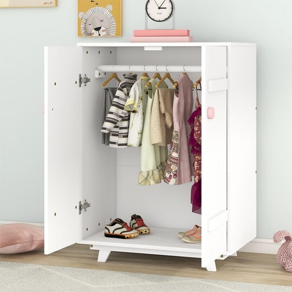 Wooden Wardrobe Cabinet with Hanging Rod， Storage Armoires with Doors for Kids' Room - - 36653319