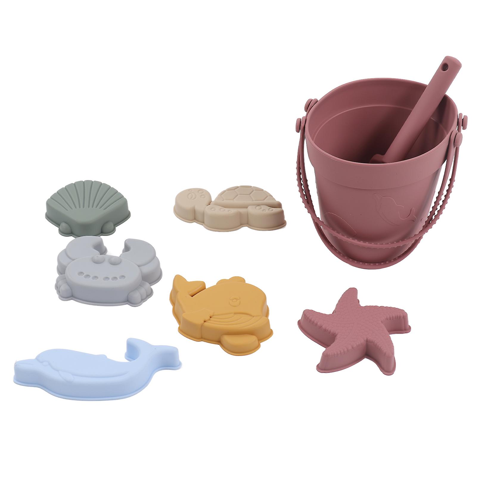 Silicone Beach Toys Baby Sand Play Toys Set Includes Silicone Bucket Animal Model Sand Shovel Stringbrick Red