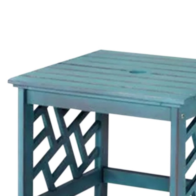 Four Seasons Courtyard 18 Inch Distressed Hardwood Portland Square Outdoor Patio End Table With Brushed Wire Finish amp 70 Pound Maximum Capacity Blue