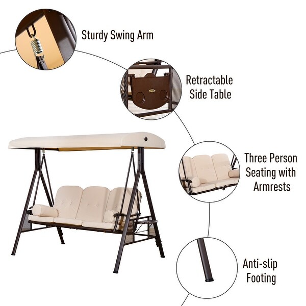 Outsunny Outdoor Patio 3Person Canopy Cushioned Seat Bench Swing with Included Side Trays and Padded Comfort