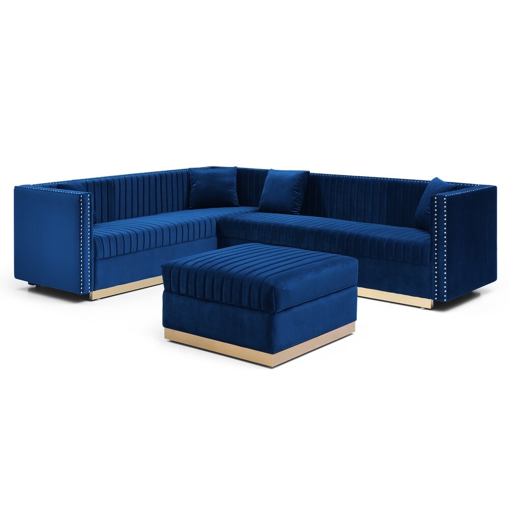 Vertical Channel Tufted Velvet Sectional Sofa  L Shaped Upholstered Corner Couch with Ottoman and 4 Pillows  Nailhead Trimming