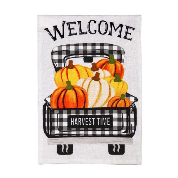 Evergreen Enterprises Pumpkin Plaid Truck House Burlap Flag