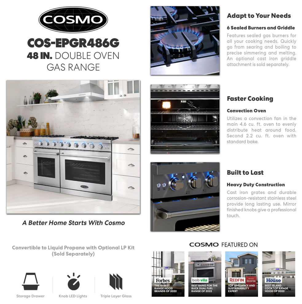 48 quotFreestanding Double Oven Gas Range  6 Sealed Gas Burners  Convection Oven   Contemporary   Gas Ranges And Electric Ranges   by Cosmo  Houzz