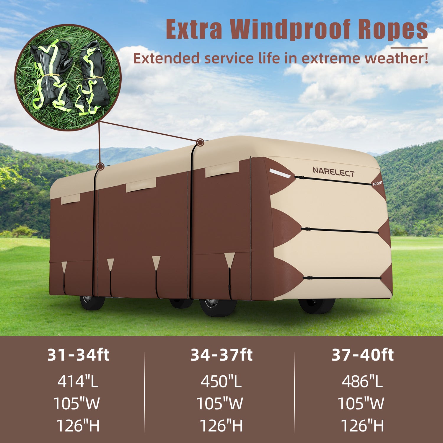 Narelect 2022 Upgraded Design Class A RV Cover， Fits 31'-34' Heavy Duty Polyster RV Cover Ripstop Anti-UV Windproof Camper Cover， with 6 Gutter Cover 2 Pcs Extra Straps， Brown