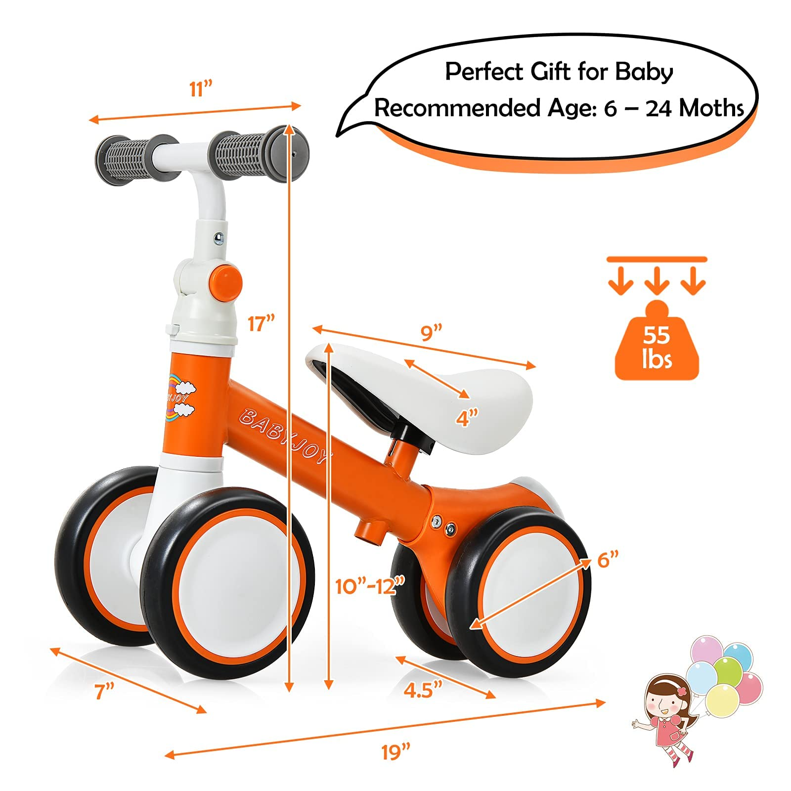 BABY JOY Baby Balance Bike, 6-24 Months Children Walker, No Pedal Infant 4 Wheels Toddler Bicycle