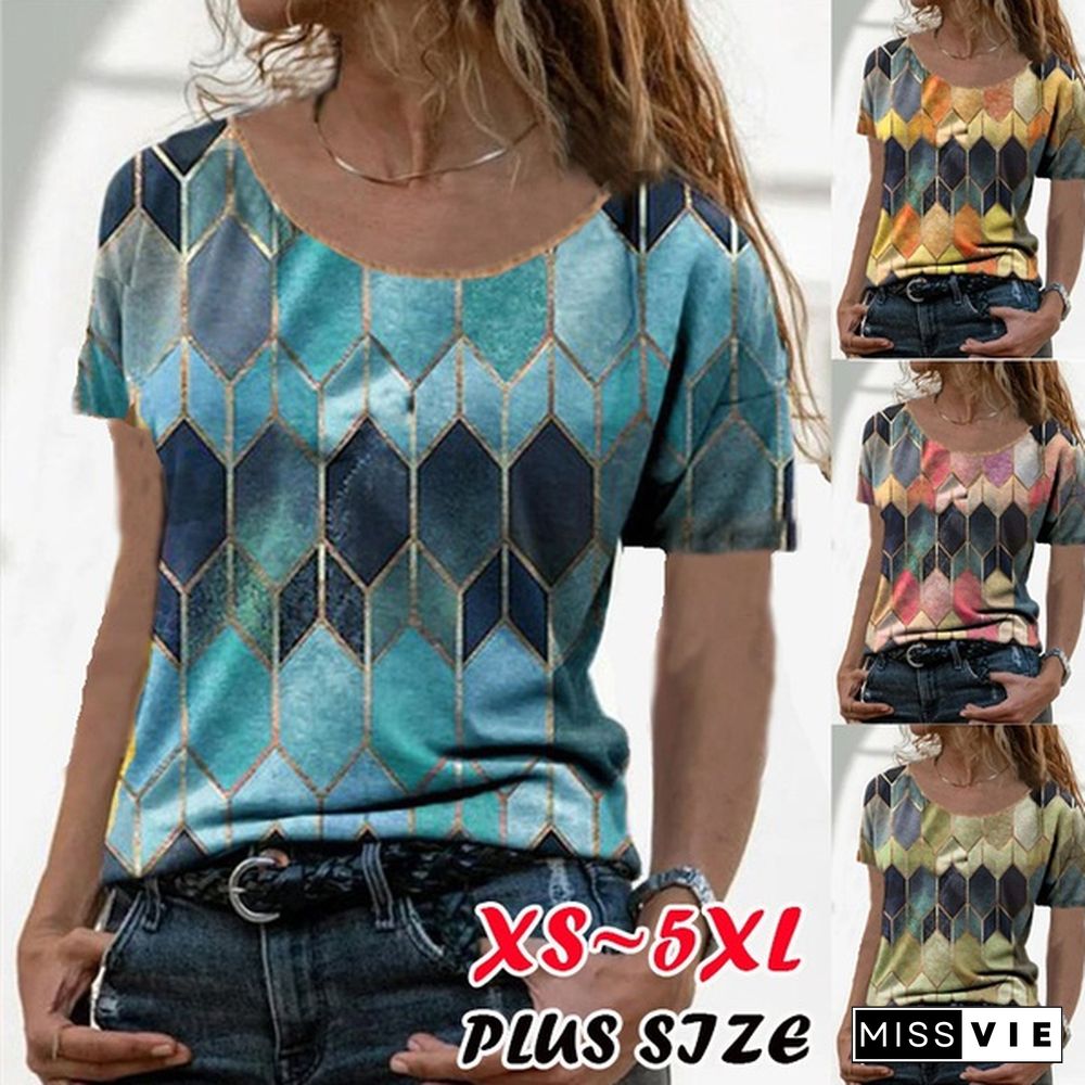 Women's Fashion Short Sleeved Round Neck T Shirt Summer Spring Painting Shirt Top Casual Loose Plus Size Blouse XS-8XL