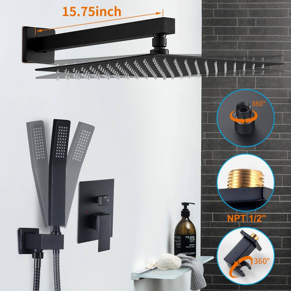 Zalerock Rainfall 1-Spray Square 12 in. Shower System Shower Head with Handheld in Black (Valve Included) KSA013