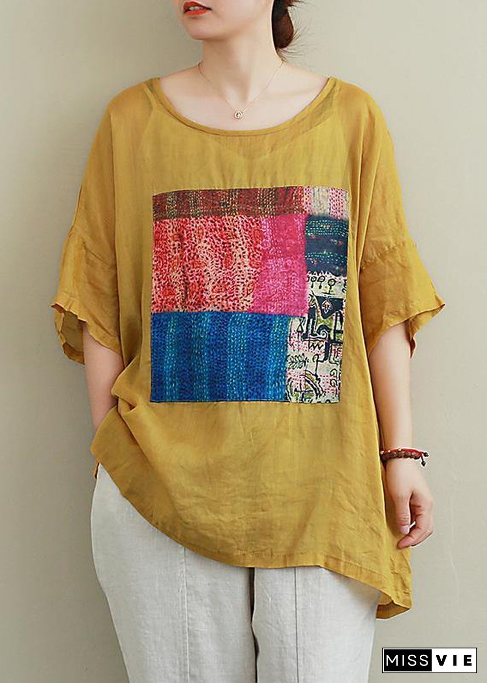 French yellow linen Blouse o neck patchwork summer top