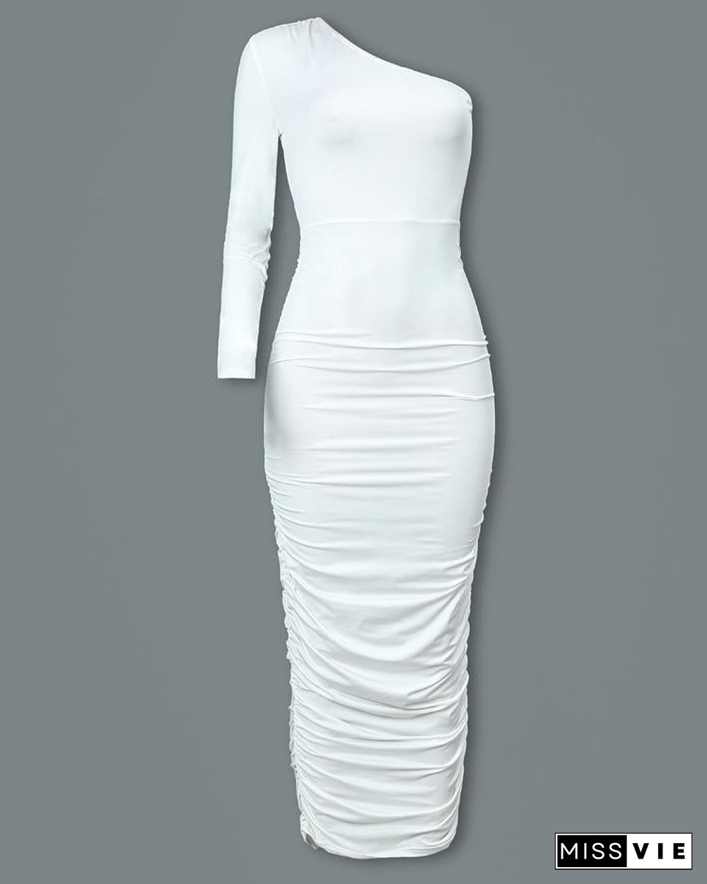 One Shoulder Ruched Design Bodycon Dress White Dresses