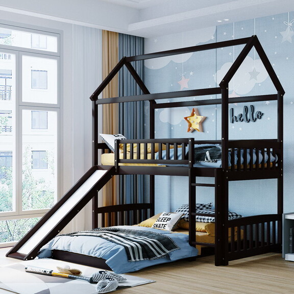 Twin over Twin Bunk Bed with Slide  House Bed with...