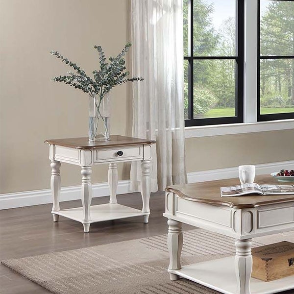 1 Drawer Wooden End Table in Antique White and Oak