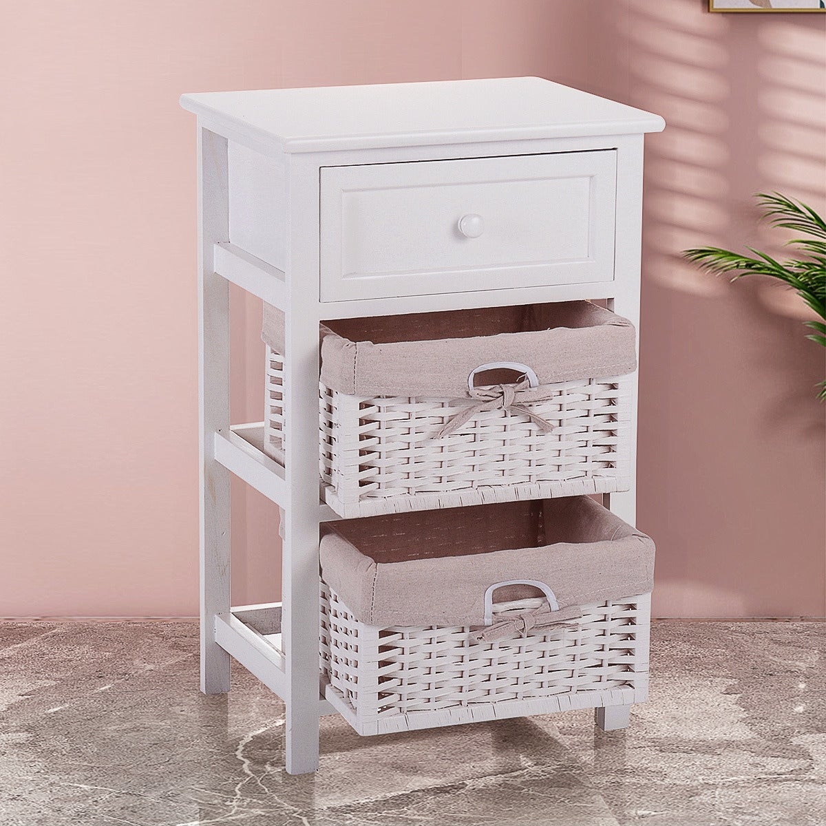 Wood Side Table With Drawer and 2 Basket in White