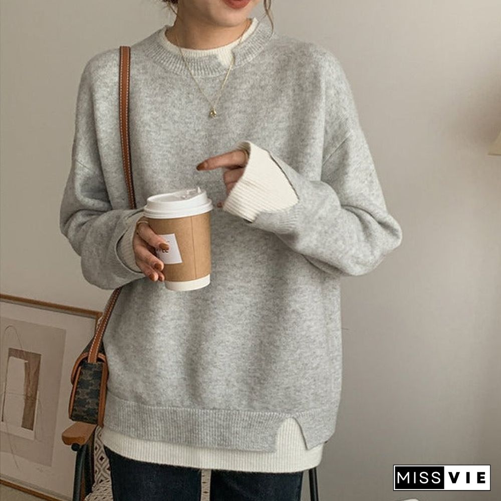 Gray and White Oversized Cut-Out Long Sleeve Twofer Sweater