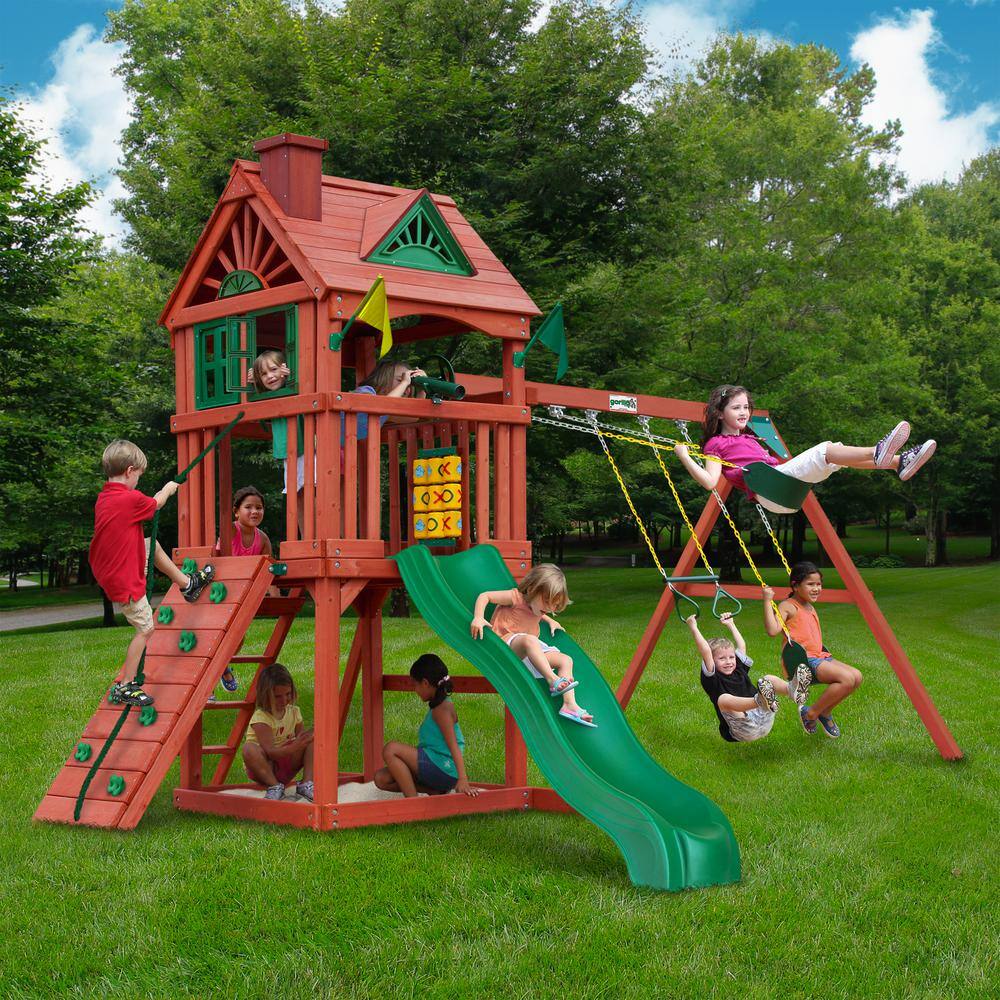 Gorilla Playsets Nantucket II Wooden Outdoor Playset with Wave Slide Rock Wall Sandbox Swings and Backyard Swing Set Accessories 01-0021