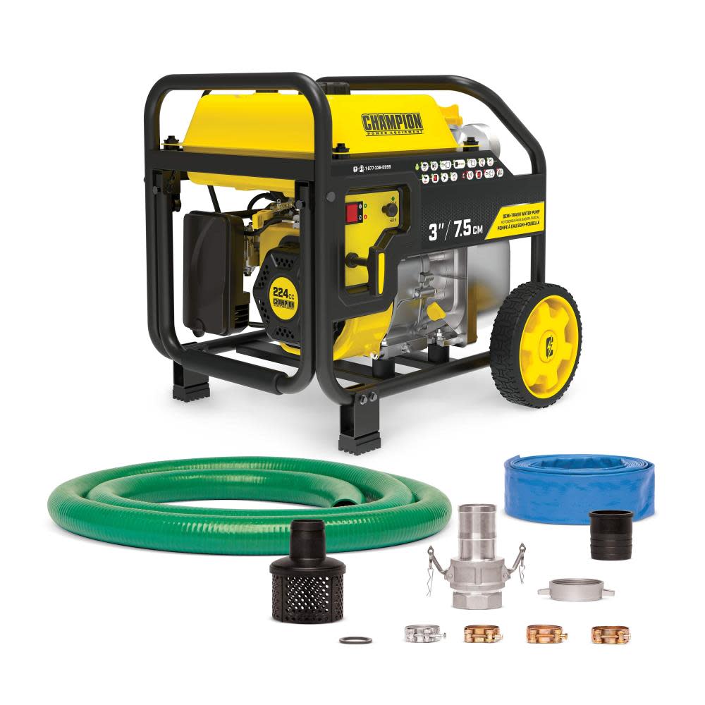 Champion 3-Inch Gas-Powered Semi-Trash Water Transfer Pump with Hose and Wheel Kit ;