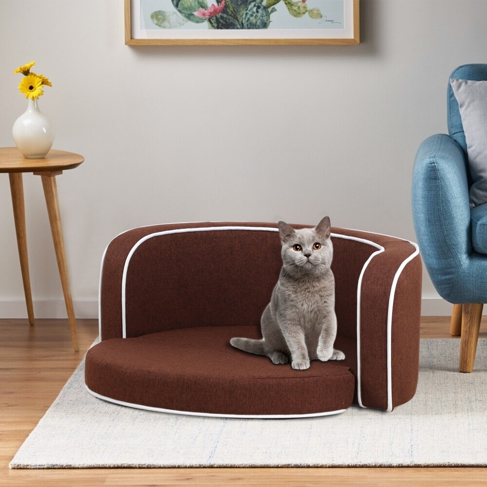 Brown Round Curved Appearance Pet Sofa with Cushion