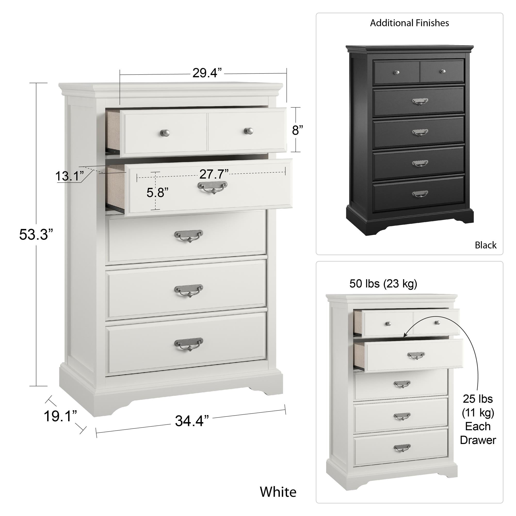 Ameriwood Home Vox 5 Drawer Dresser, White