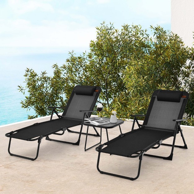 Costway 3pcs Patio Folding Chaise Lounge Chair Pvc Tabletop Set Outdoor Portable Beach